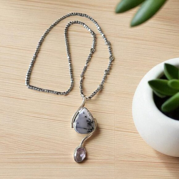 Lovely Costume Silver with Amazonite Pendant and Pink Crystal Necklace - Picture 1 of 3